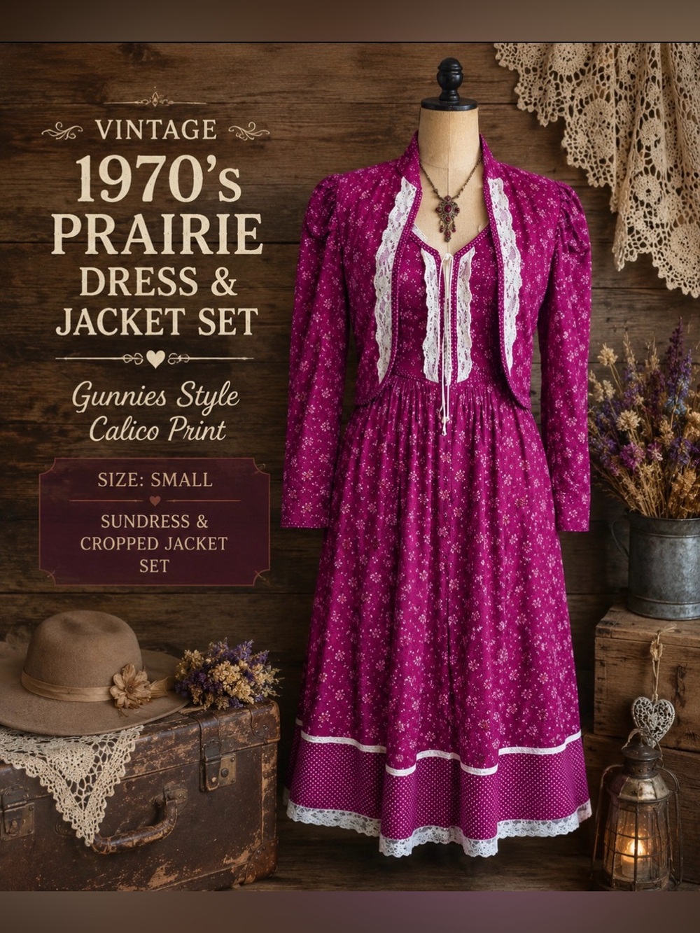*1970’s-gunnies style, calico prairie sundress & cropped jacket set- small -